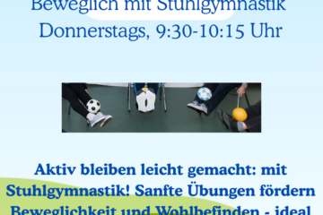 Jeden Donnerstag von 9:30-10:15 sanfte Bewegungsgymnastik für Jedermann. Du brauchst kein Sportdress um mitzumachen. Komm einfach vorbei!