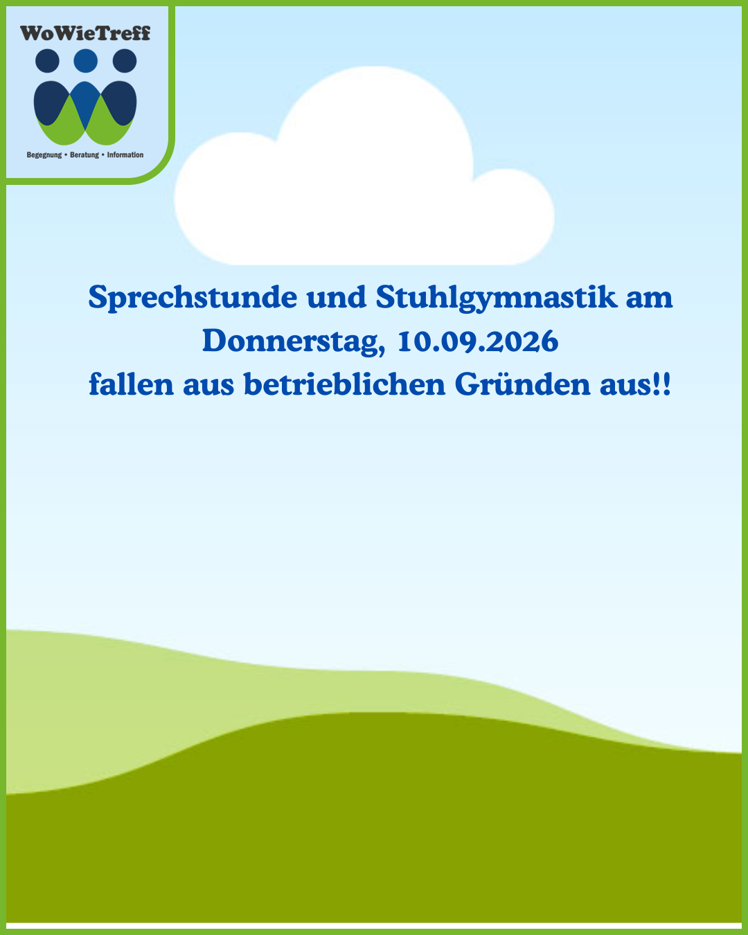 Ausfall der Sprechstunde am 10.09.2026!